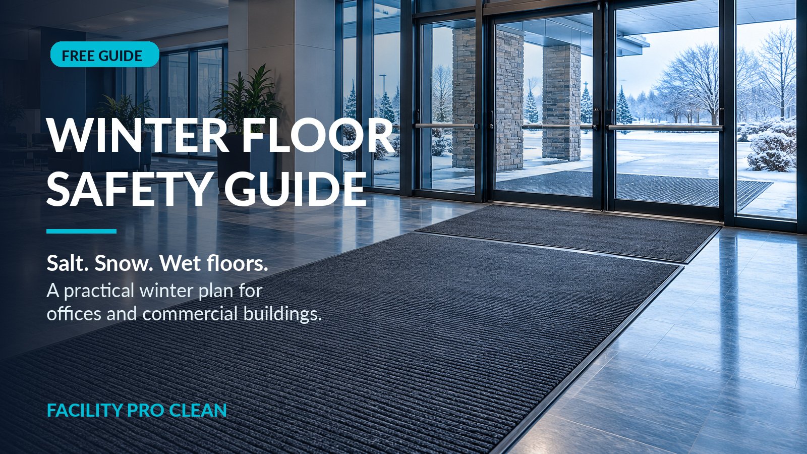 Illustration of a winter office entrance with extended walk-off mats
